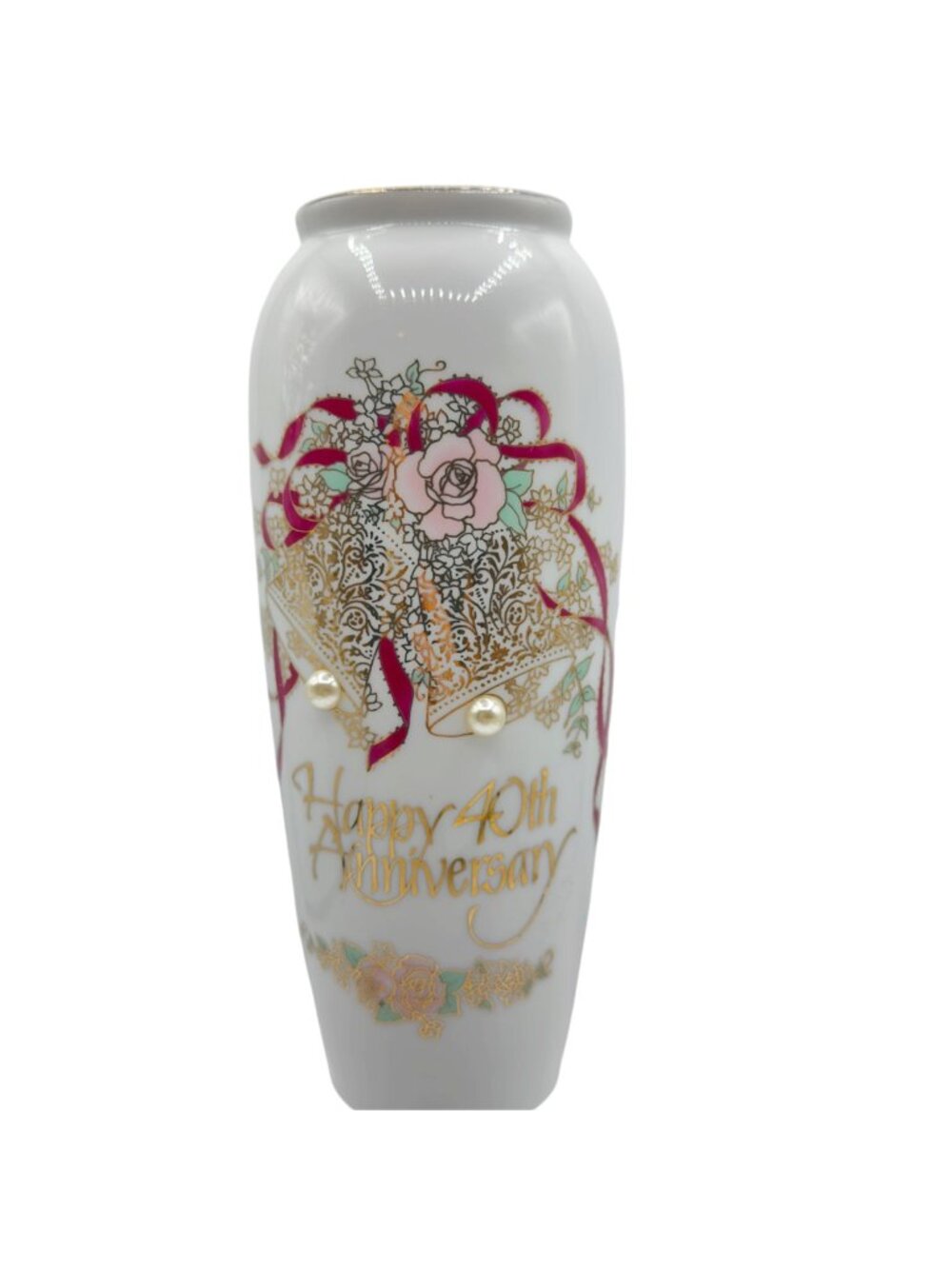 Vintage 1987 Roman Happy 40th Anniversary Porcelain Vase Wedding Bells 8"